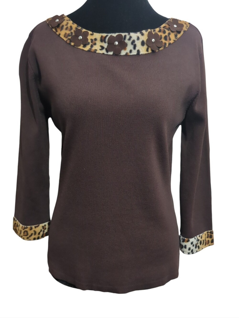 Vtg Joseph A. Chocolate Brown Ribbed Knit Top Leopard Trim Mob Wife Fits Sz S